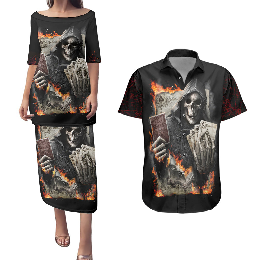 skull-couples-matching-puletasi-dress-and-hawaiian-shirt-gambling-death-fire