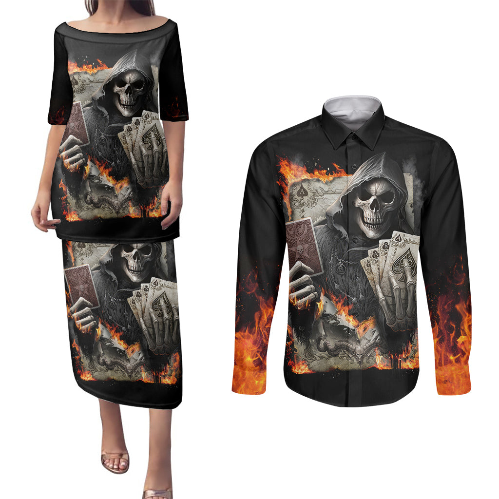 skull-couples-matching-puletasi-dress-and-long-sleeve-button-shirts-gambling-death-fire