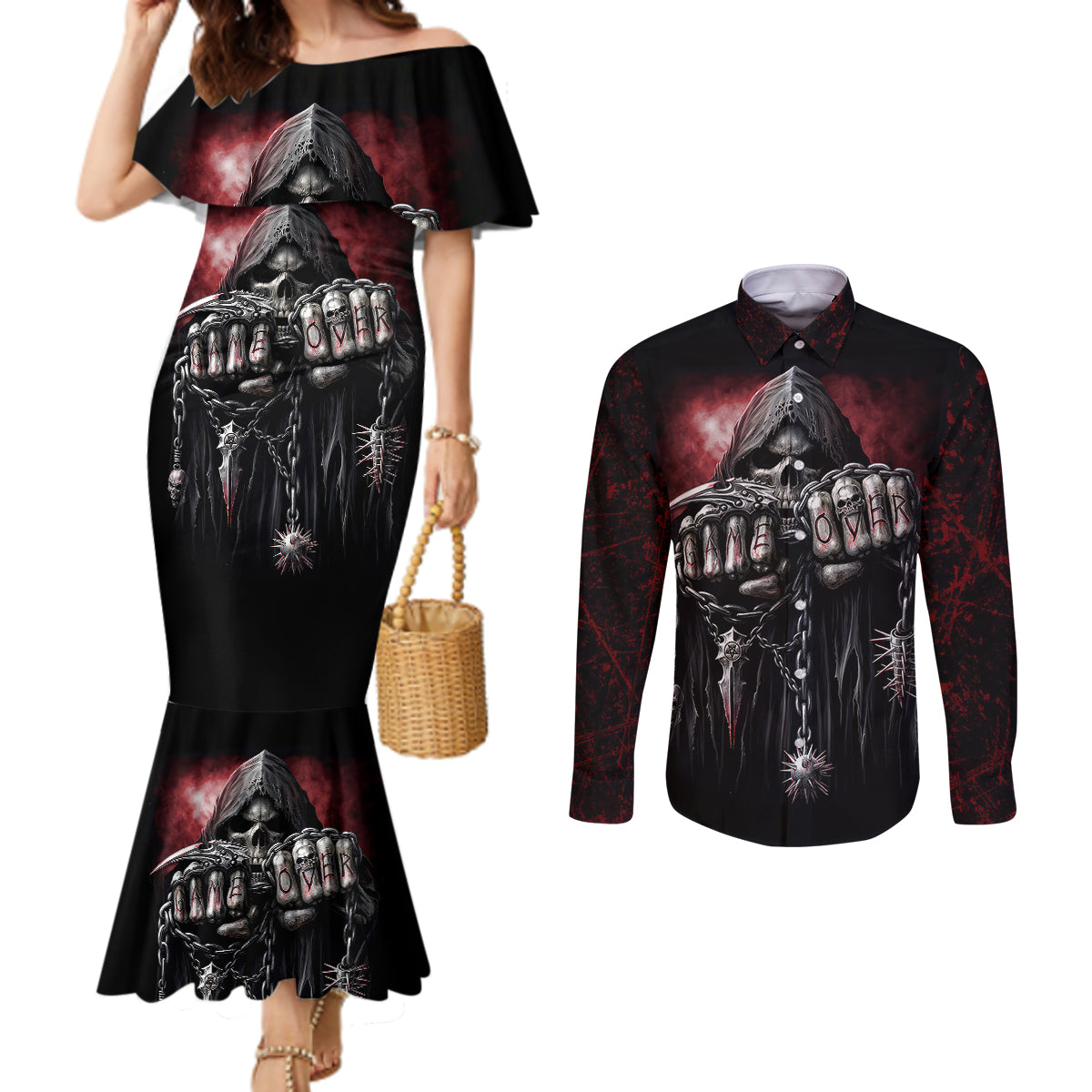 skull-couples-matching-mermaid-dress-and-long-sleeve-button-shirts-death-skull-game-over