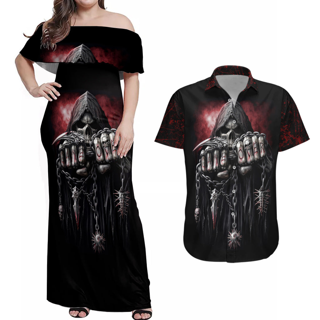 skull-couples-matching-off-shoulder-maxi-dress-and-hawaiian-shirt-death-skull-game-over