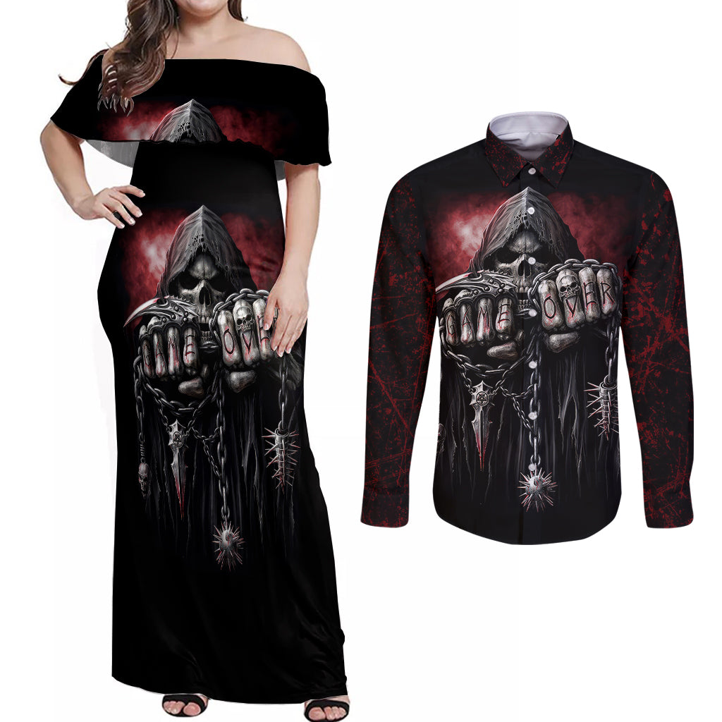 skull-couples-matching-off-shoulder-maxi-dress-and-long-sleeve-button-shirts-death-skull-game-over