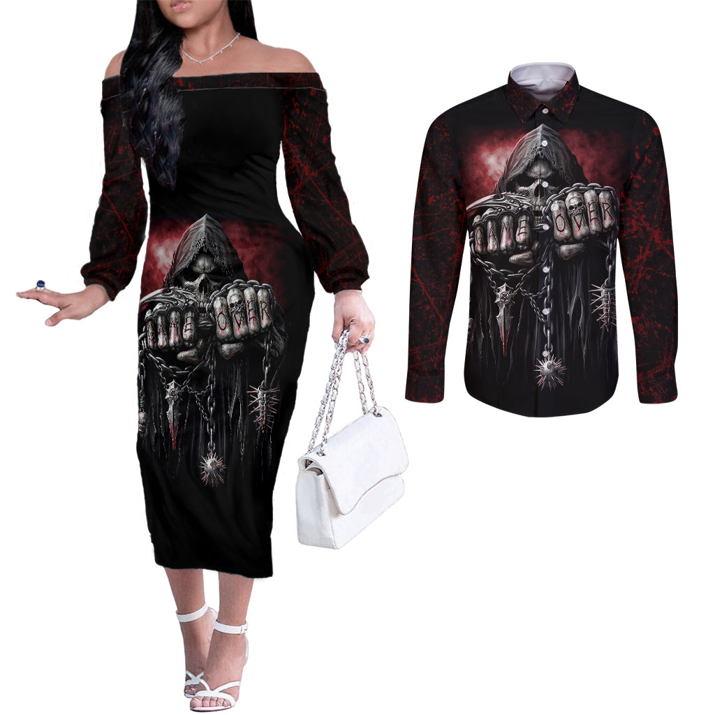 skull-couples-matching-off-the-shoulder-long-sleeve-dress-and-long-sleeve-button-shirts-death-skull-game-over