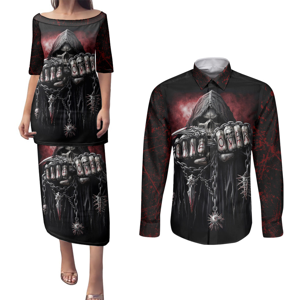 skull-couples-matching-puletasi-dress-and-long-sleeve-button-shirts-death-skull-game-over