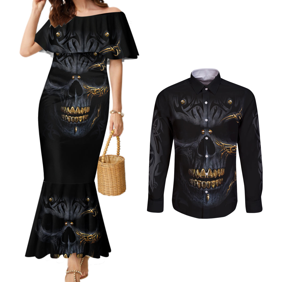 skull-couples-matching-mermaid-dress-and-long-sleeve-button-shirts-golden-skull-gangster