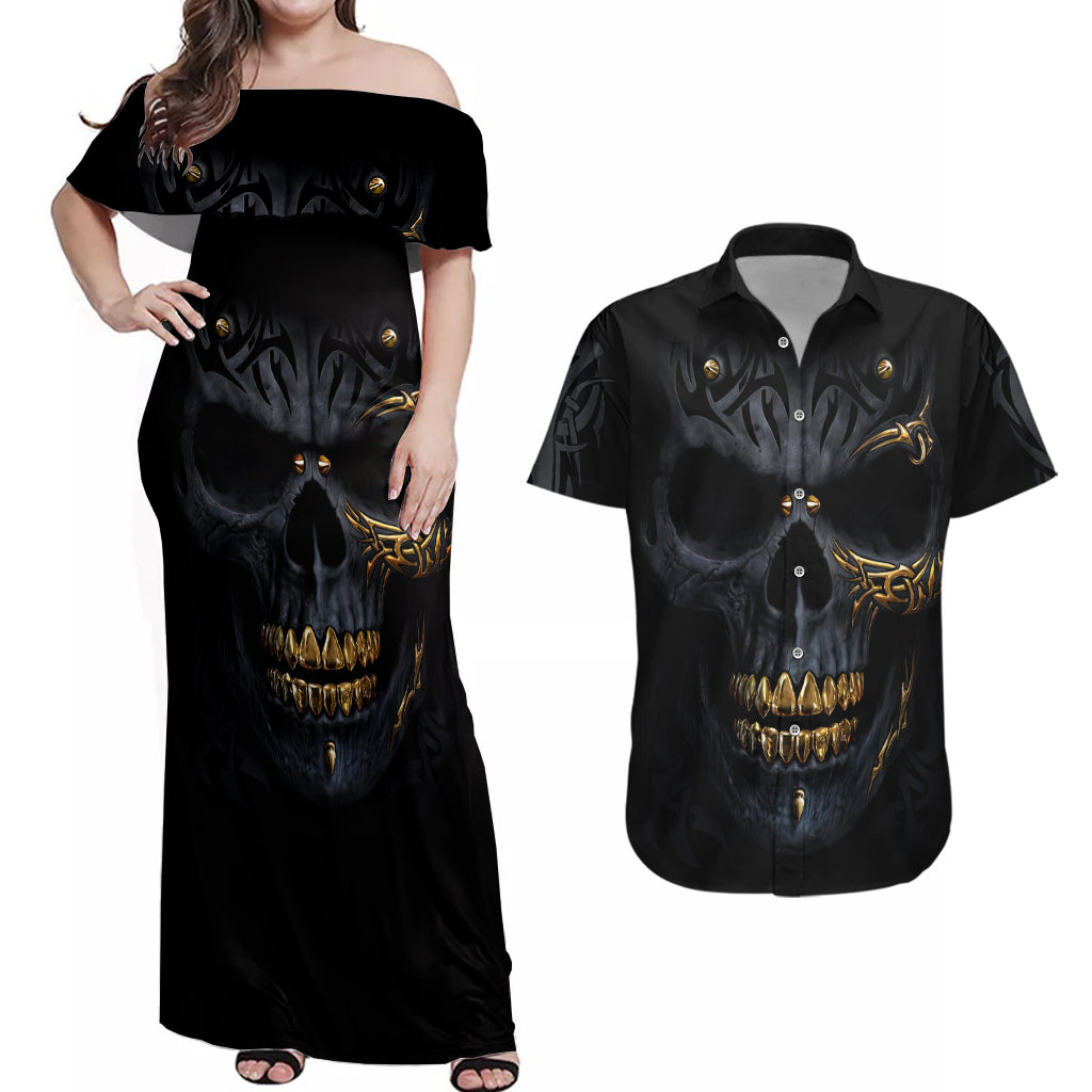 skull-couples-matching-off-shoulder-maxi-dress-and-hawaiian-shirt-golden-skull-gangster