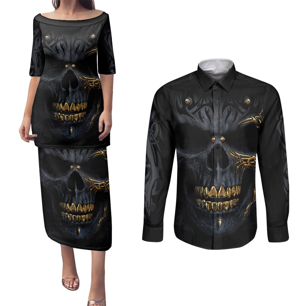 skull-couples-matching-puletasi-dress-and-long-sleeve-button-shirts-golden-skull-gangster