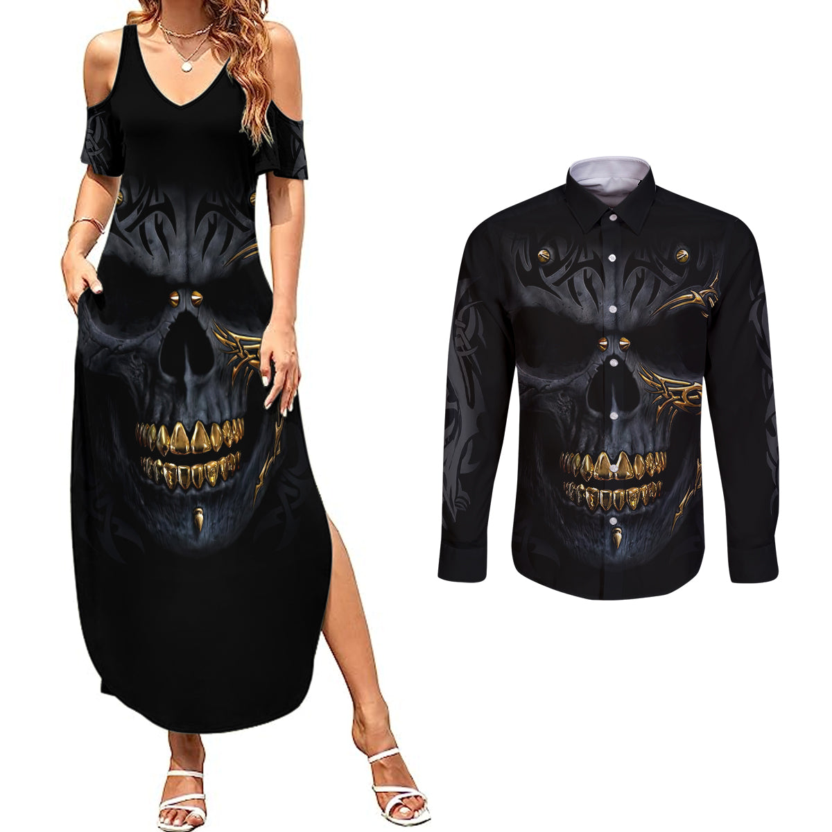 skull-couples-matching-summer-maxi-dress-and-long-sleeve-button-shirts-golden-skull-gangster