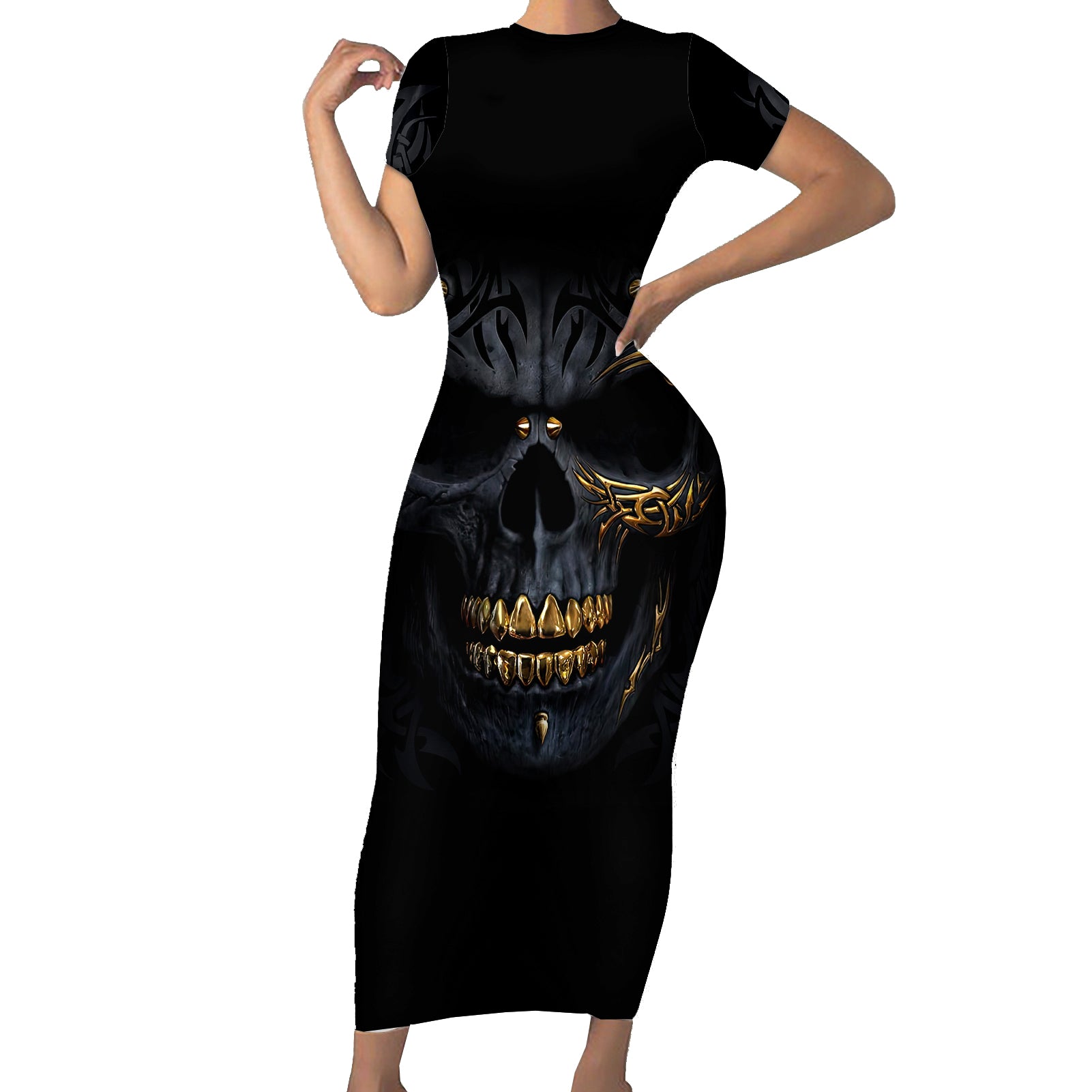 skull-short-sleeve-bodycon-dress-golden-skull-gangster