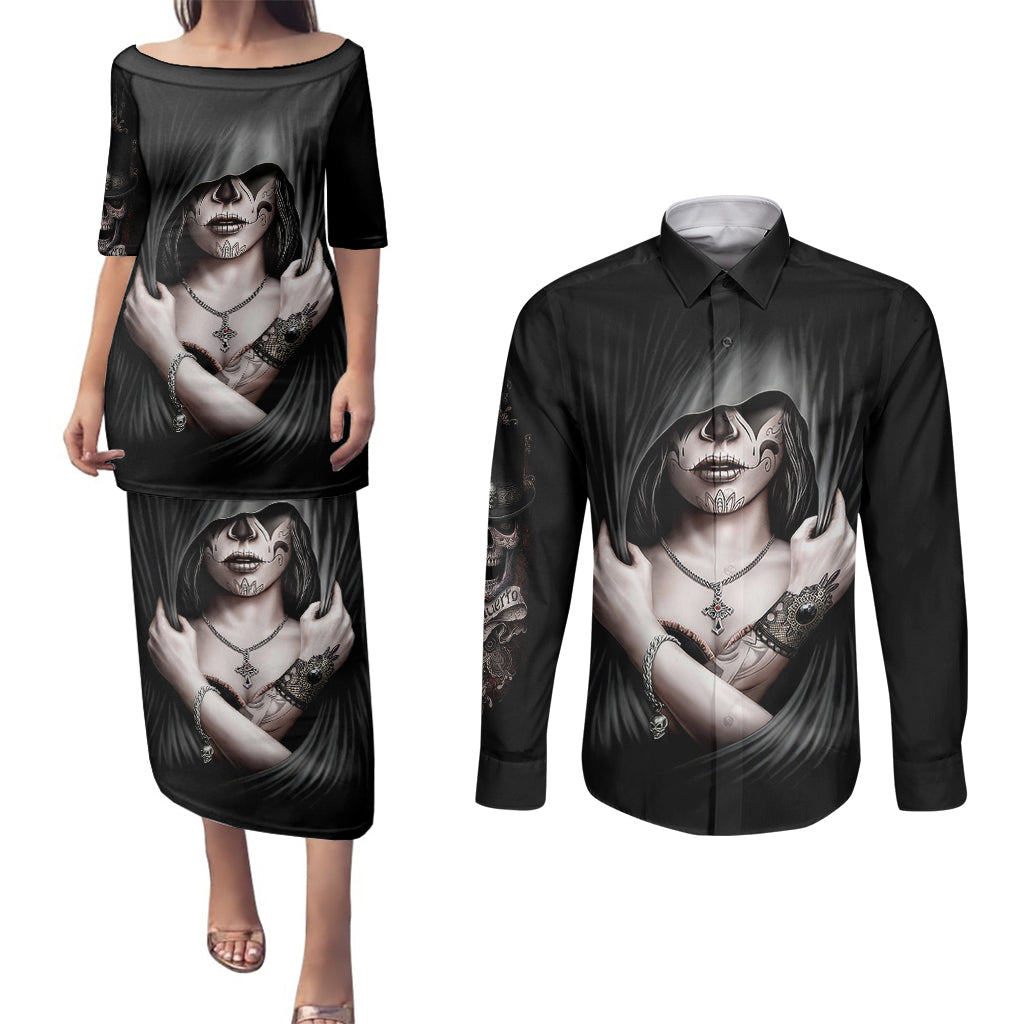 skull-couples-matching-puletasi-dress-and-long-sleeve-button-shirts-girl-day-of-the-dead