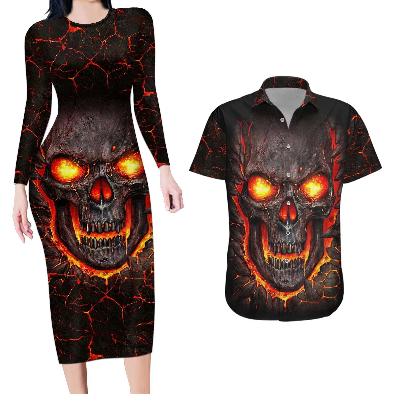 skull-couples-matching-long-sleeve-bodycon-dress-and-hawaiian-shirt-flame-skull-lava-inside