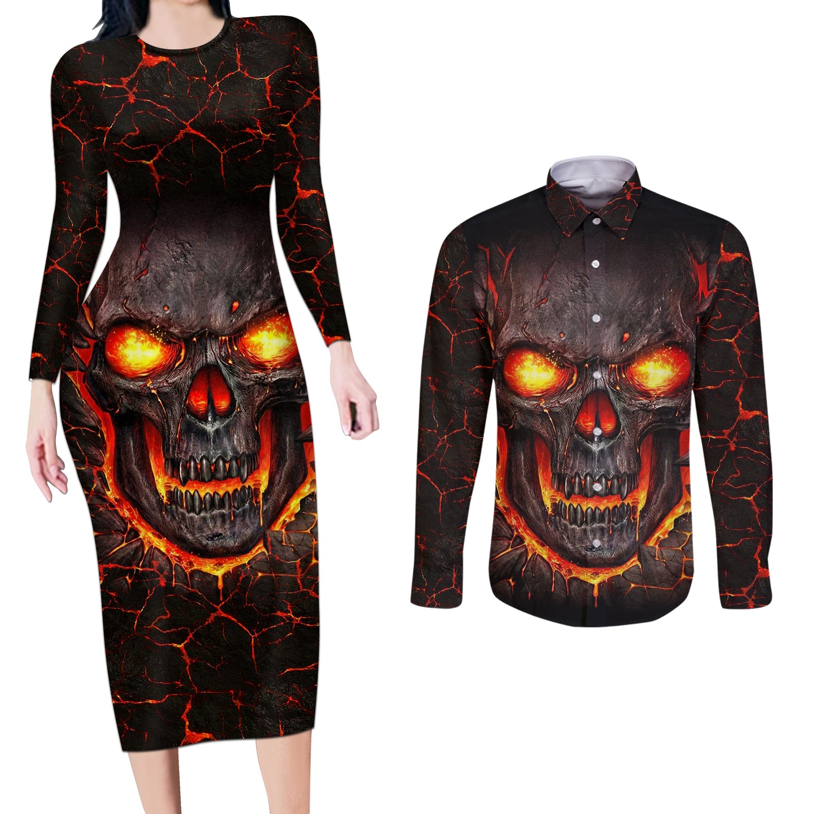 skull-couples-matching-long-sleeve-bodycon-dress-and-long-sleeve-button-shirts-flame-skull-lava-inside