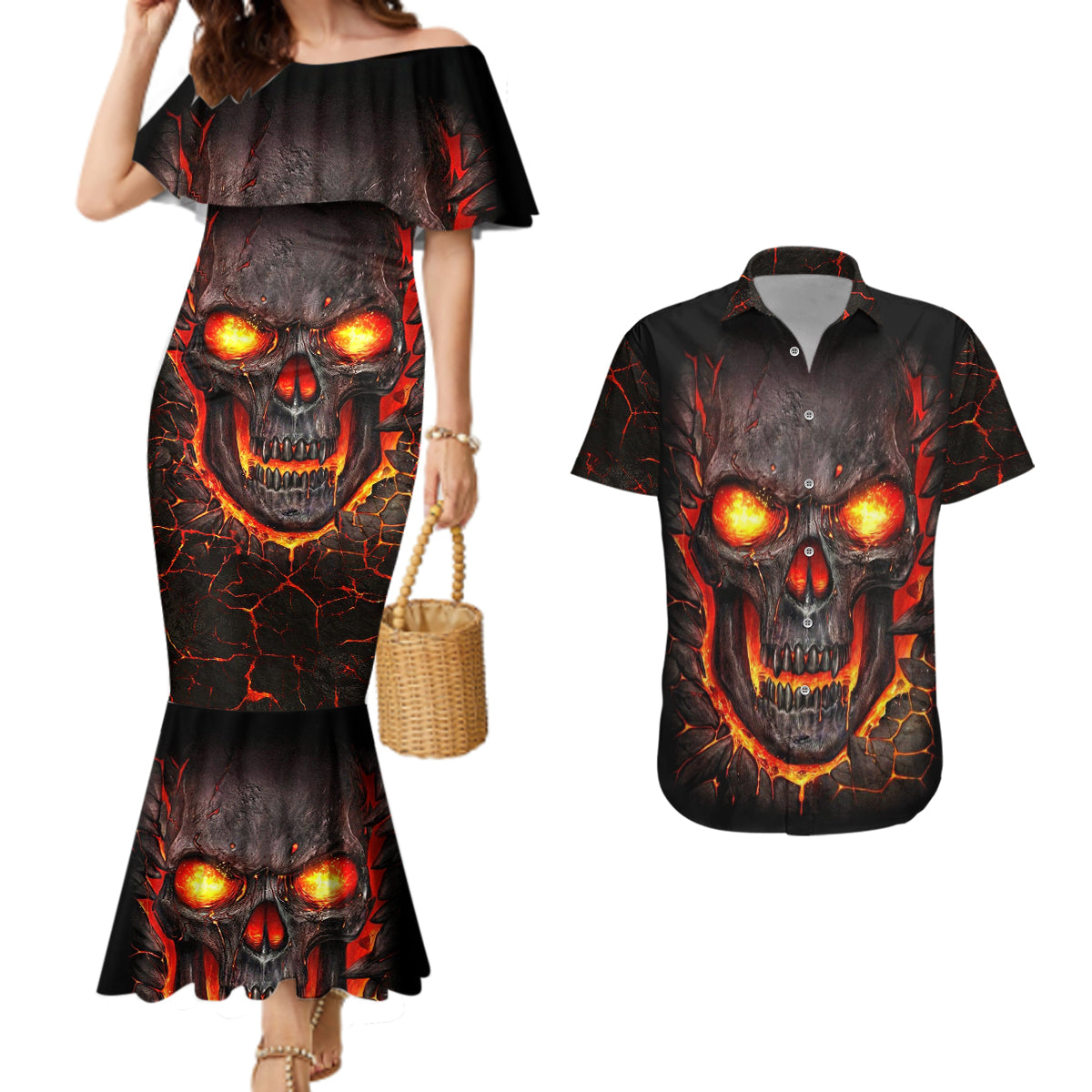 skull-couples-matching-mermaid-dress-and-hawaiian-shirt-flame-skull-lava-inside