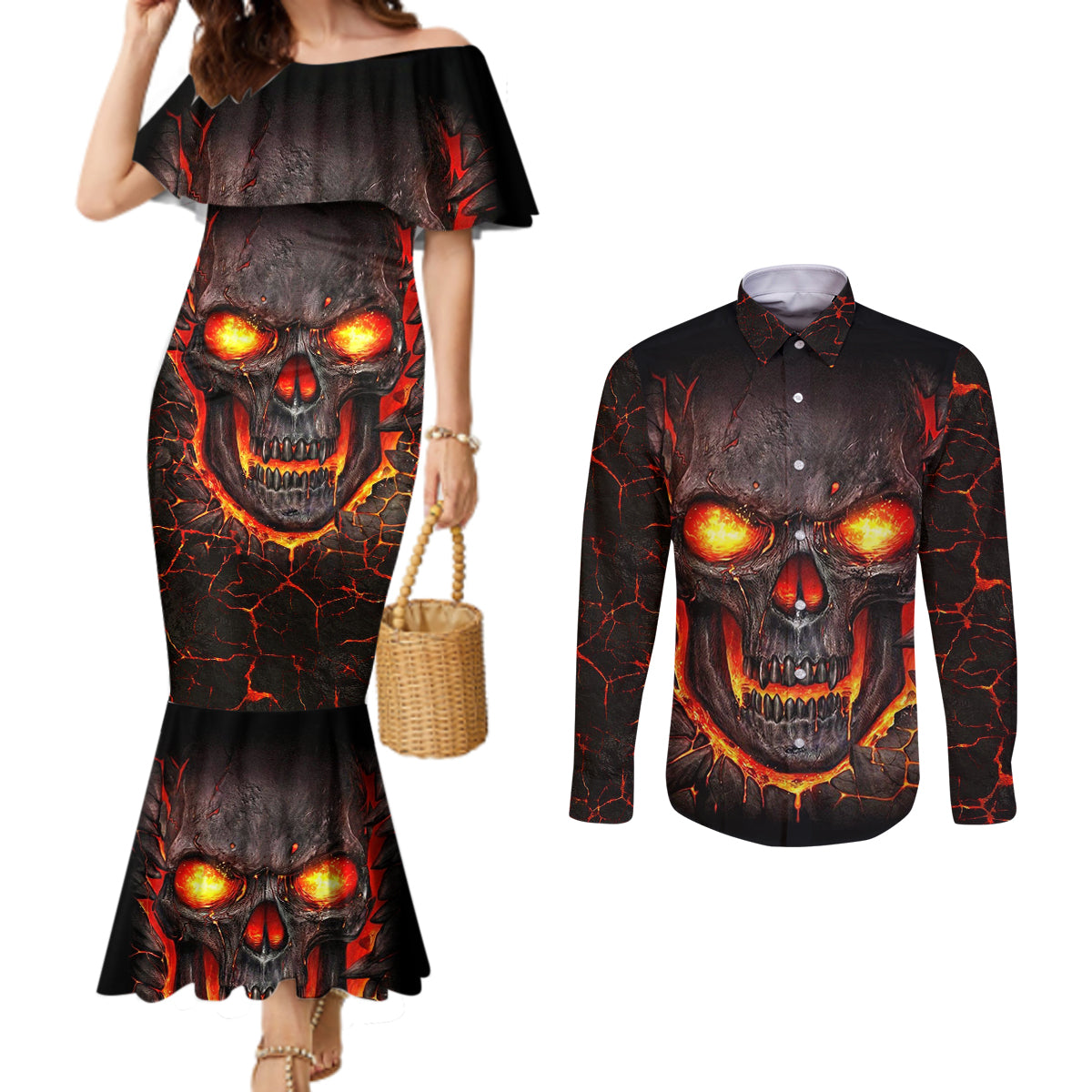 skull-couples-matching-mermaid-dress-and-long-sleeve-button-shirts-flame-skull-lava-inside