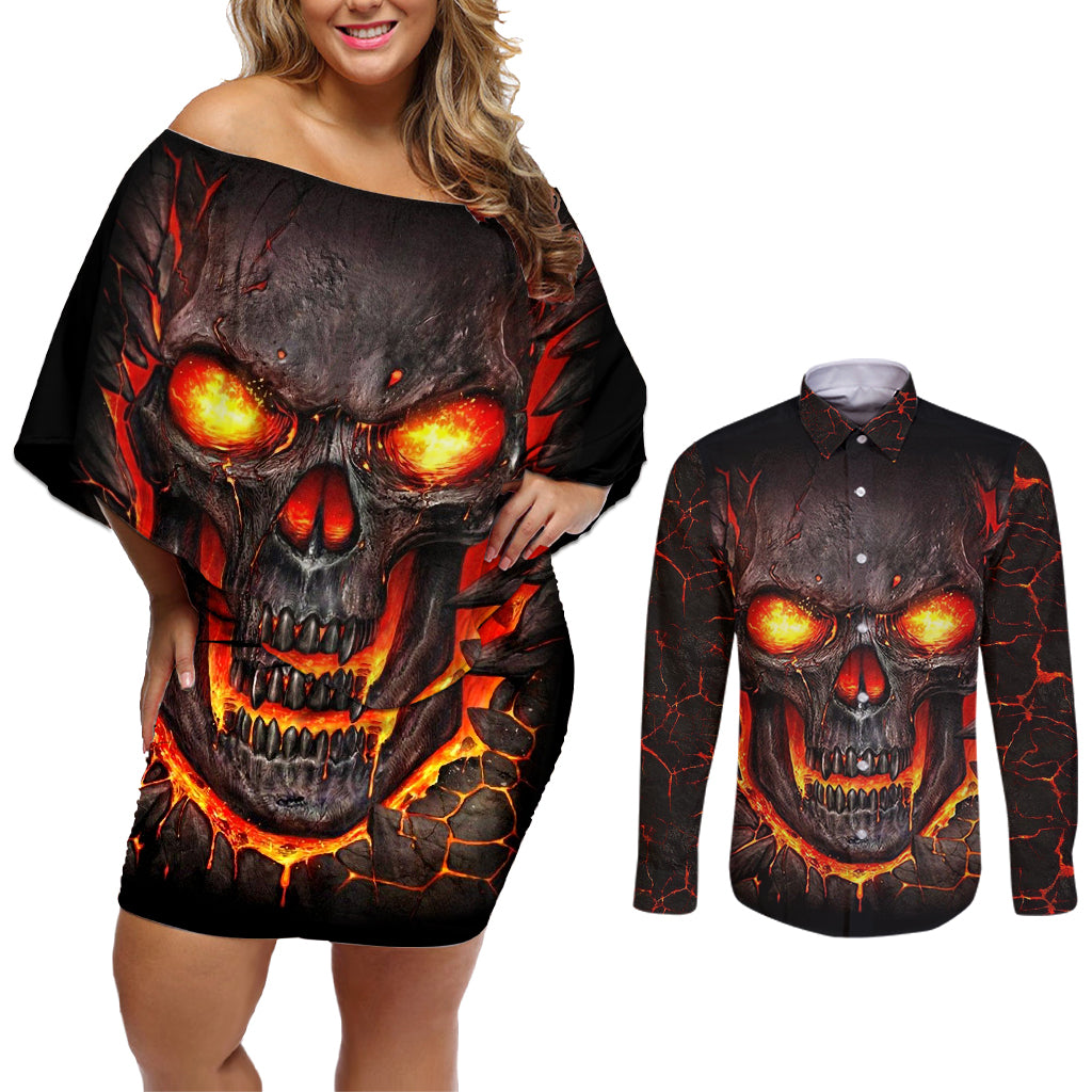 skull-couples-matching-off-shoulder-short-dress-and-long-sleeve-button-shirts-flame-skull-lava-inside