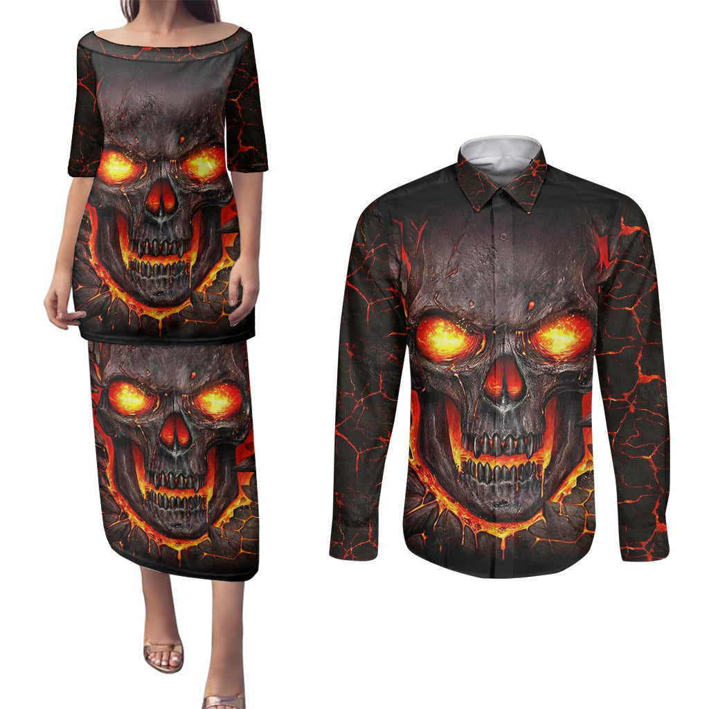 skull-couples-matching-puletasi-dress-and-long-sleeve-button-shirts-flame-skull-lava-inside