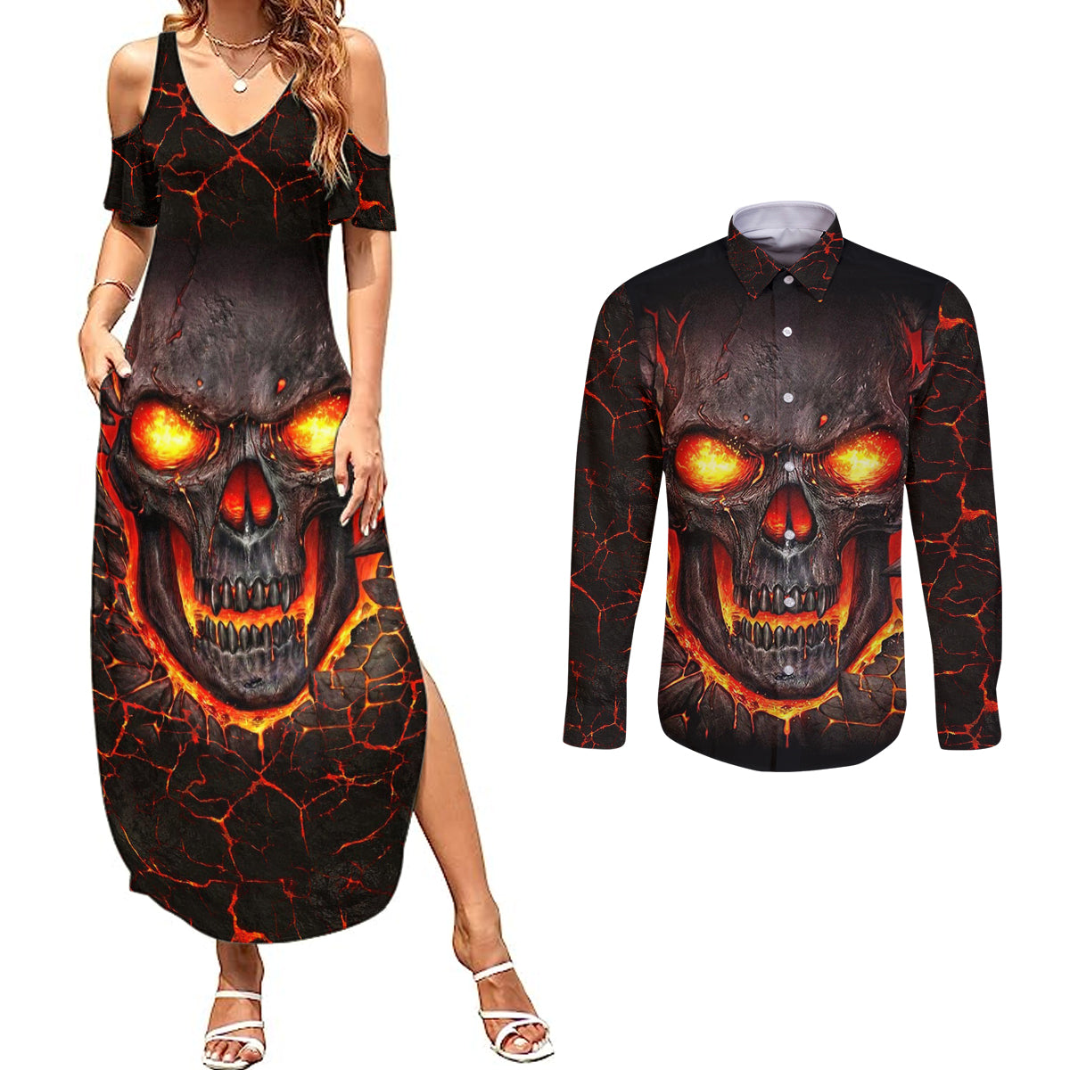 skull-couples-matching-summer-maxi-dress-and-long-sleeve-button-shirts-flame-skull-lava-inside