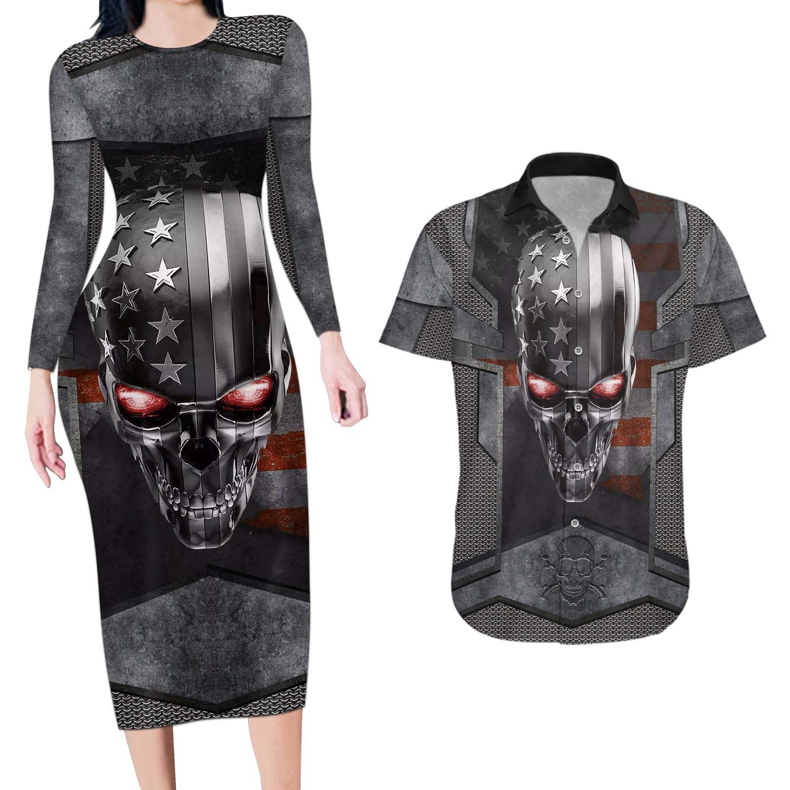 skull-couples-matching-long-sleeve-bodycon-dress-and-hawaiian-shirt-metal-head-skull-american