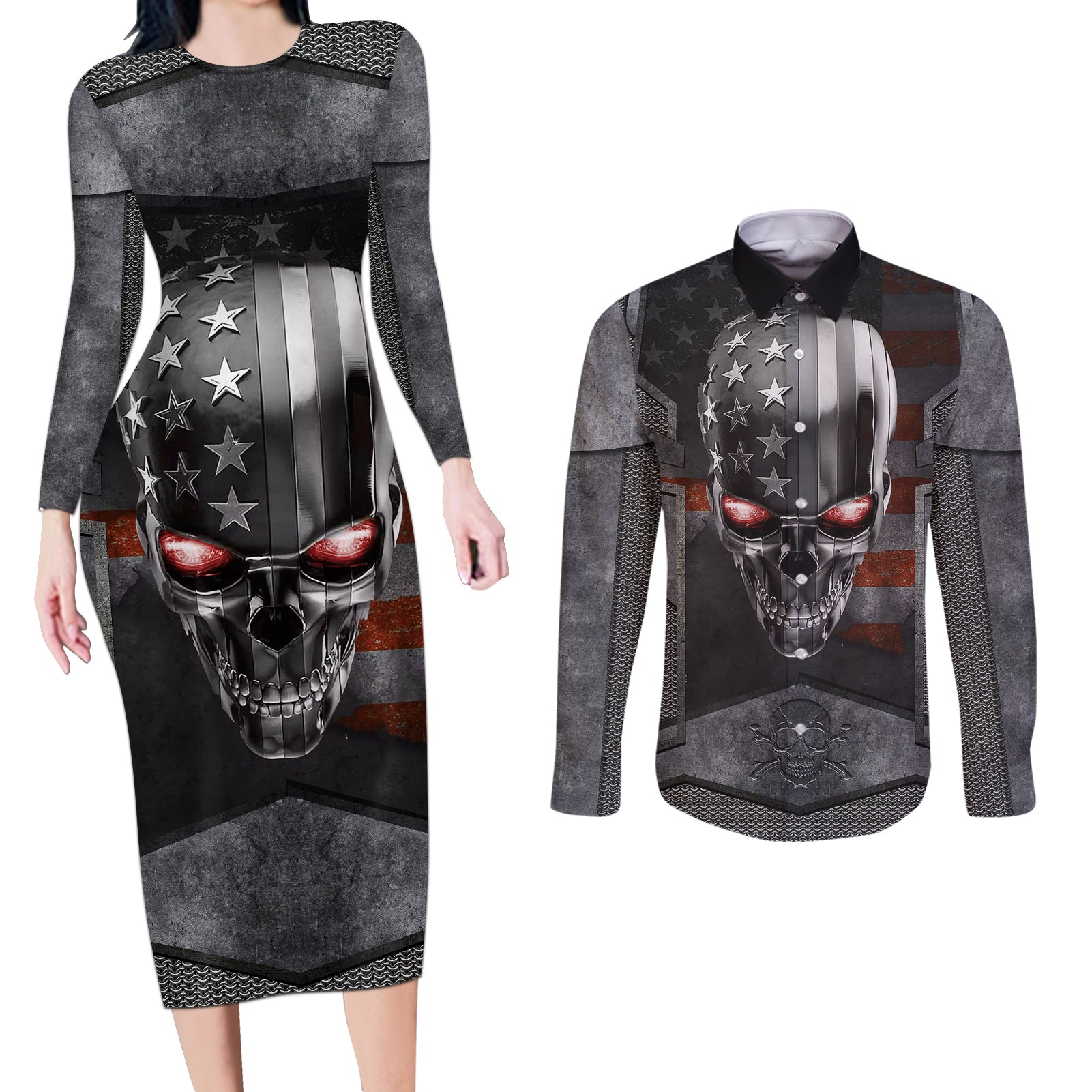 skull-couples-matching-long-sleeve-bodycon-dress-and-long-sleeve-button-shirts-metal-head-skull-american