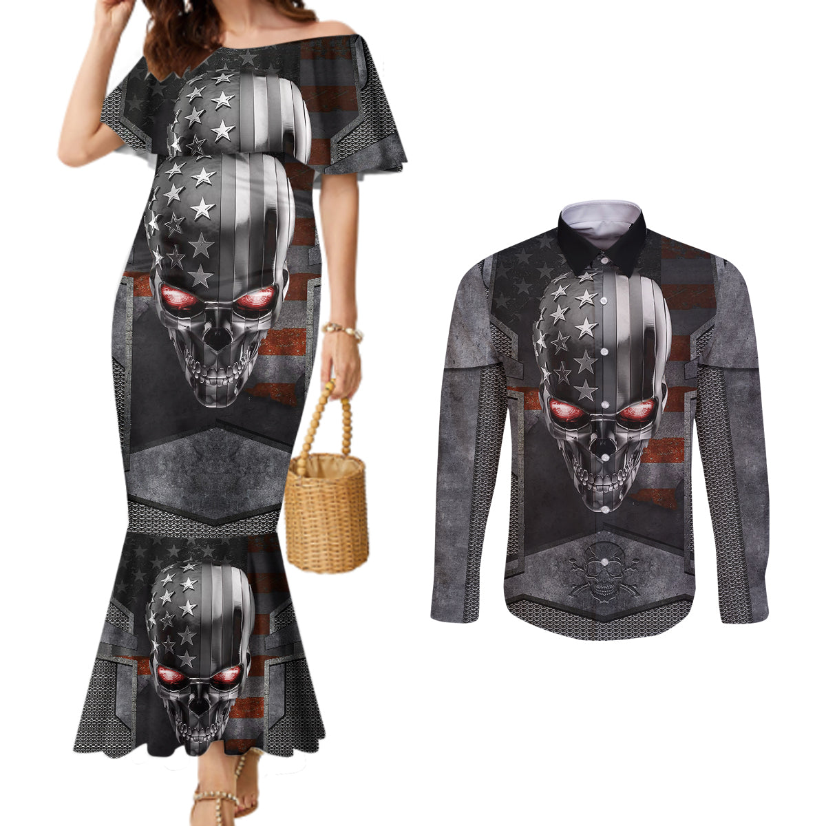 skull-couples-matching-mermaid-dress-and-long-sleeve-button-shirts-metal-head-skull-american