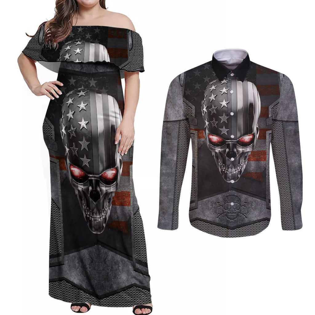 skull-couples-matching-off-shoulder-maxi-dress-and-long-sleeve-button-shirts-metal-head-skull-american