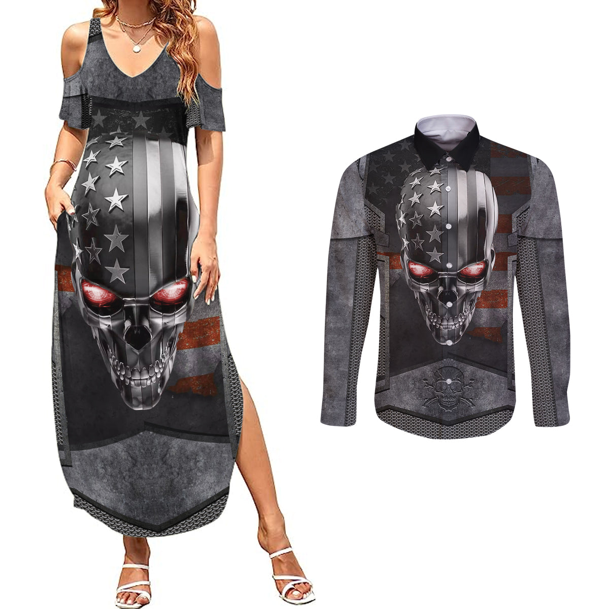 skull-couples-matching-summer-maxi-dress-and-long-sleeve-button-shirts-metal-head-skull-american