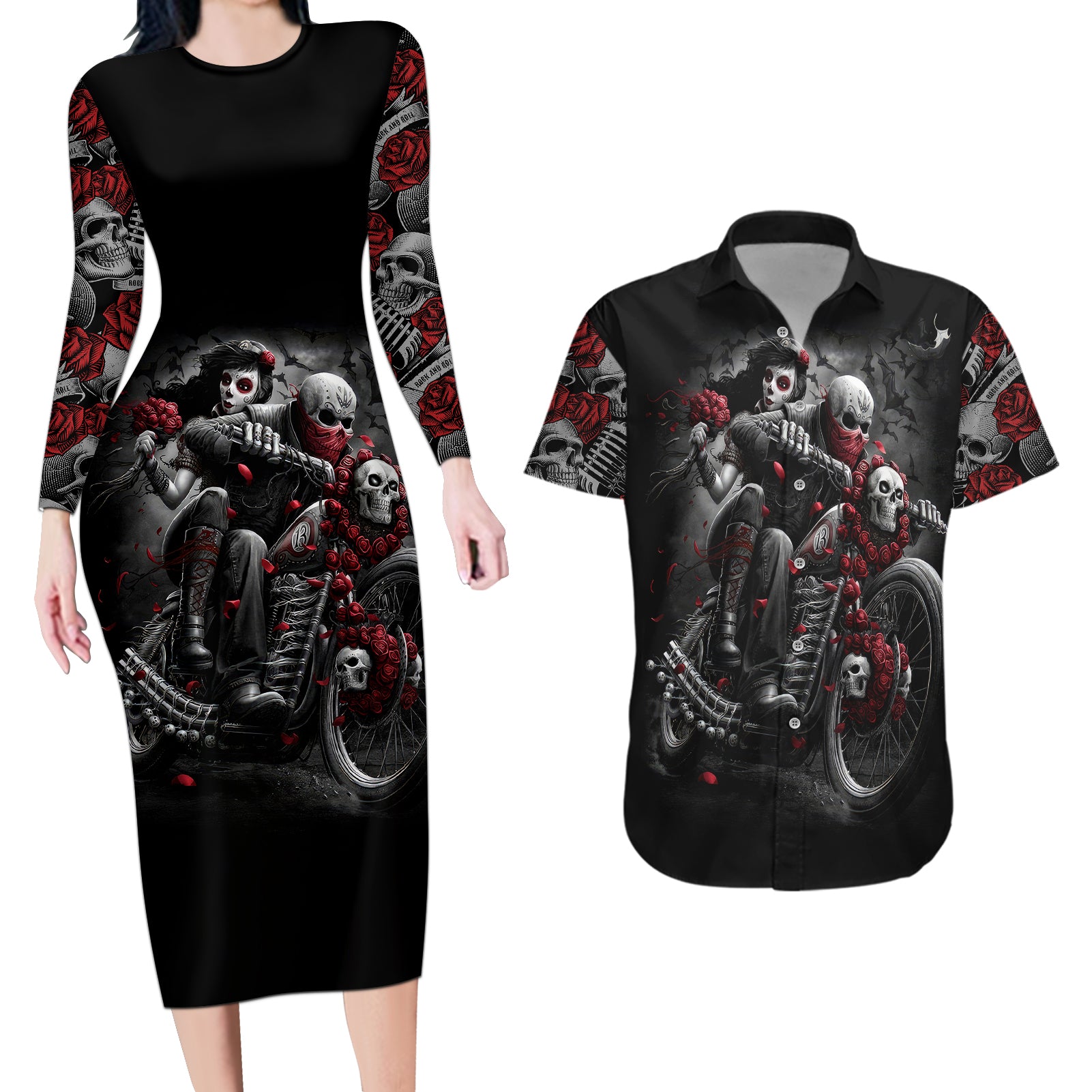 skull-couples-matching-long-sleeve-bodycon-dress-and-hawaiian-shirt-riding-motocycle-girl-rose