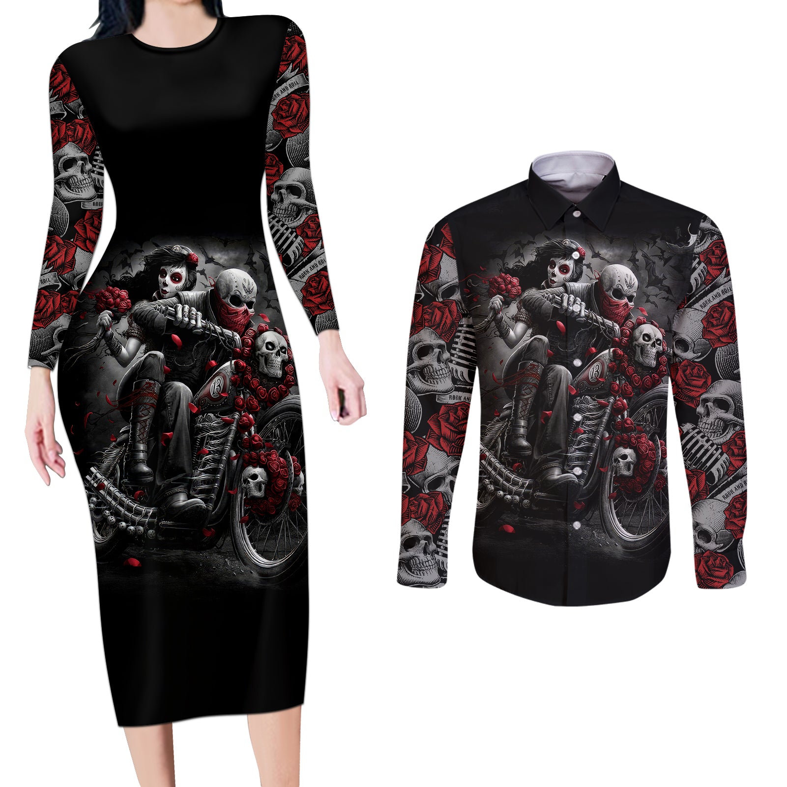 skull-couples-matching-long-sleeve-bodycon-dress-and-long-sleeve-button-shirts-riding-motocycle-girl-rose