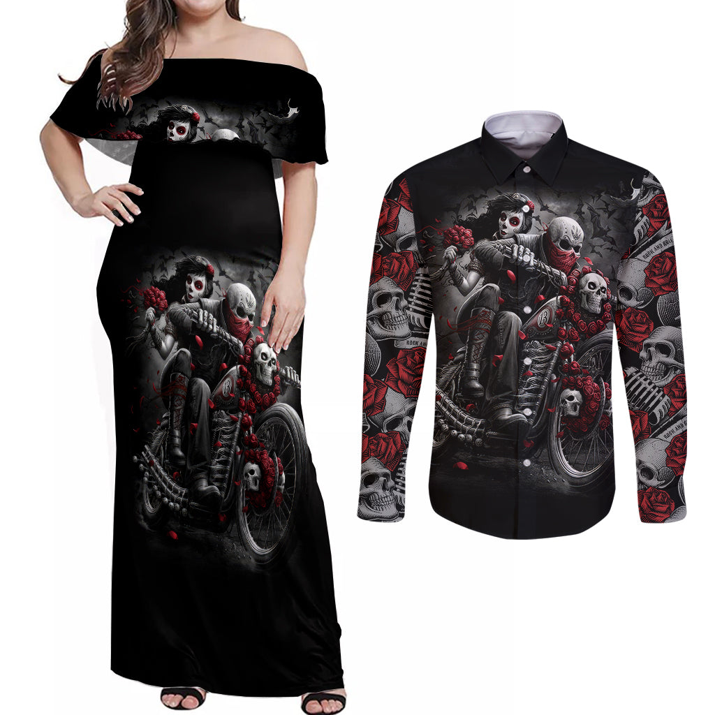 skull-couples-matching-off-shoulder-maxi-dress-and-long-sleeve-button-shirts-riding-motocycle-girl-rose