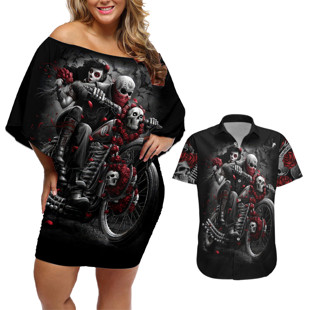 skull-couples-matching-off-shoulder-short-dress-and-hawaiian-shirt-riding-motocycle-girl-rose