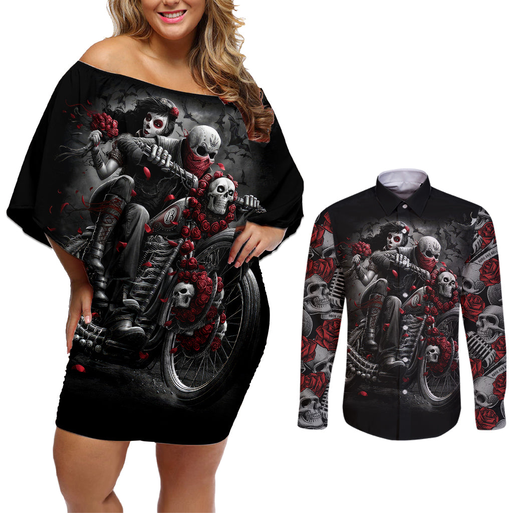 skull-couples-matching-off-shoulder-short-dress-and-long-sleeve-button-shirts-riding-motocycle-girl-rose