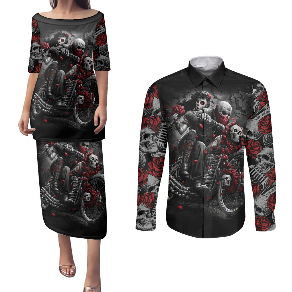 skull-couples-matching-puletasi-dress-and-long-sleeve-button-shirts-riding-motocycle-girl-rose