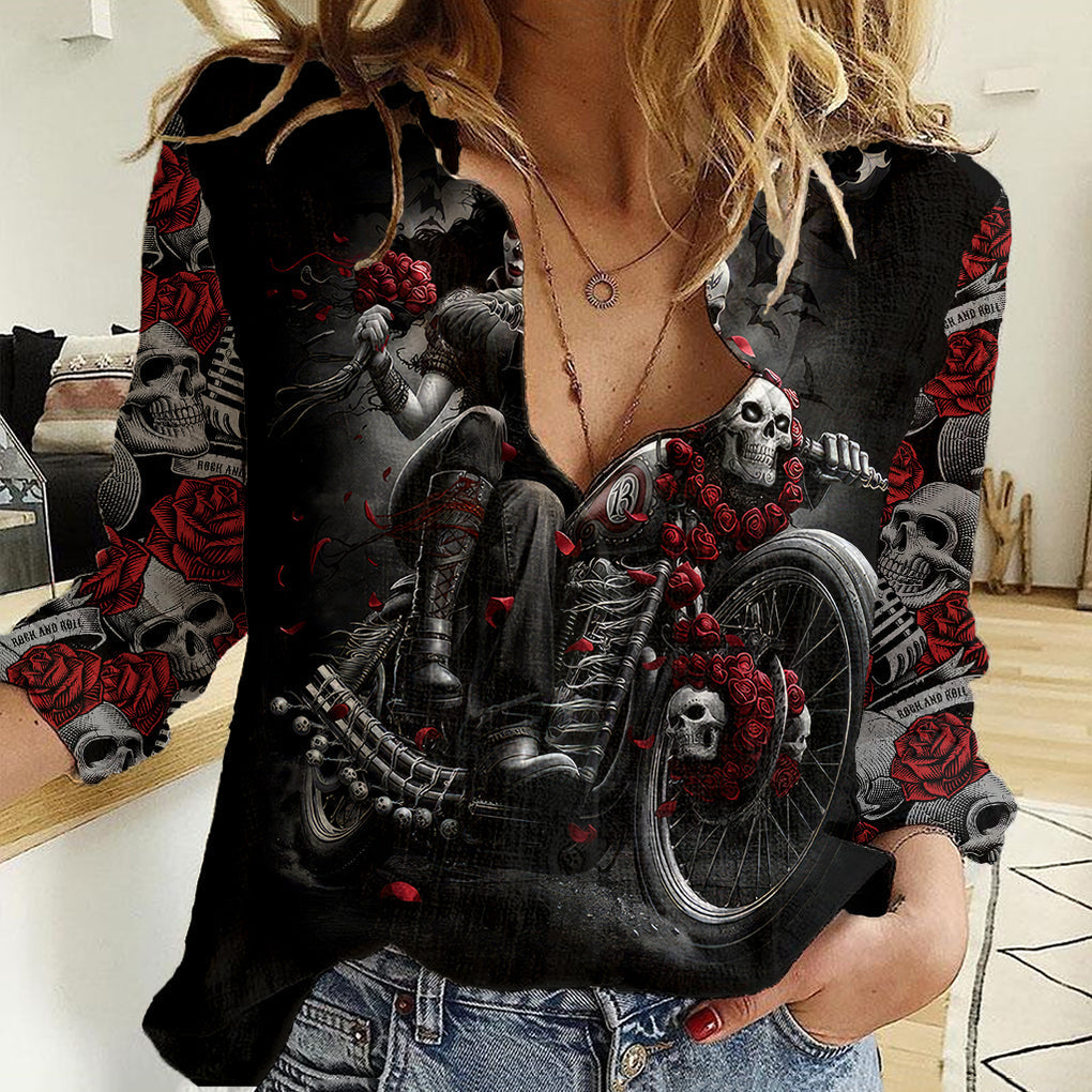 skull-women-casual-shirt-riding-motocycle-girl-rose