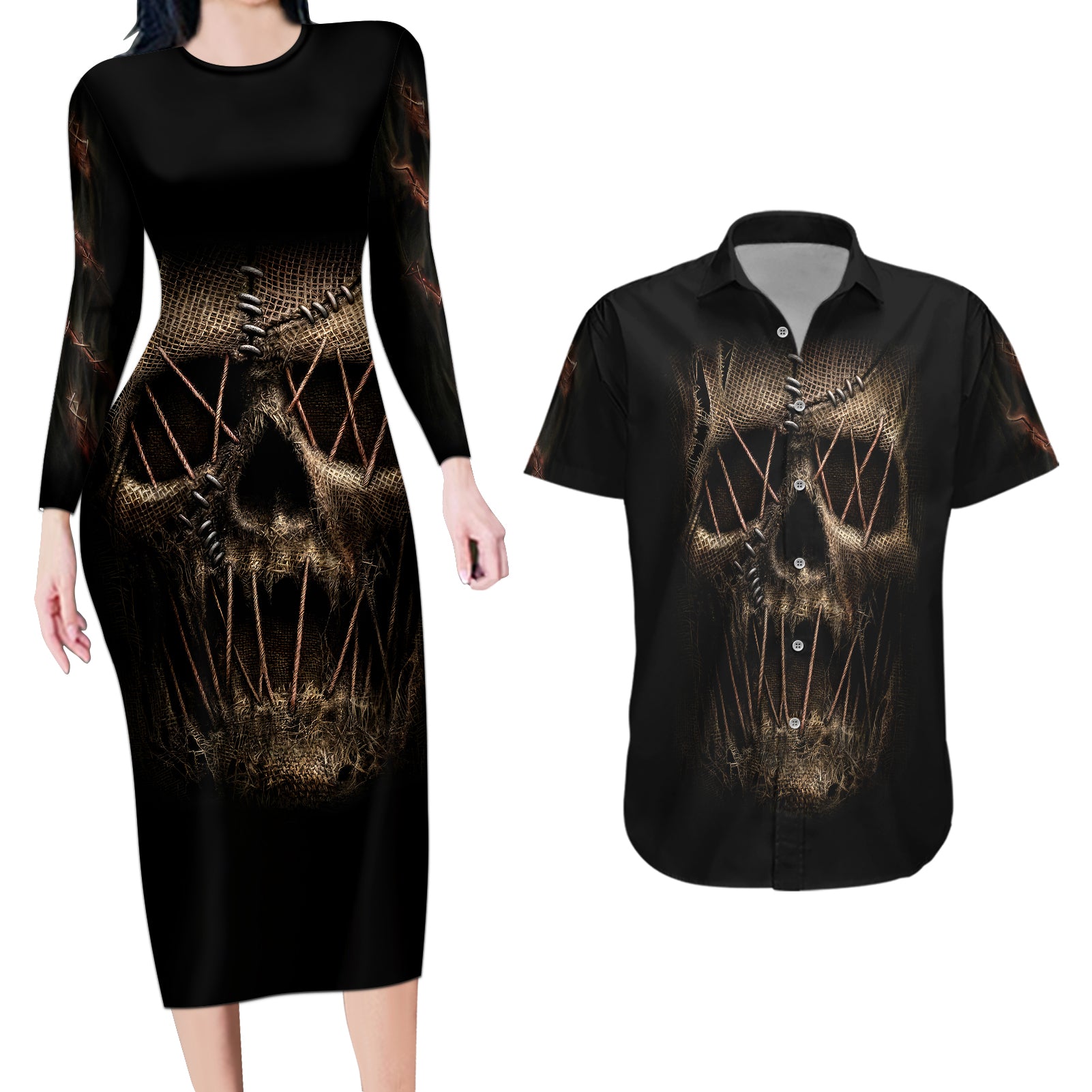 skull-couples-matching-long-sleeve-bodycon-dress-and-hawaiian-shirt-mummy-face-inside