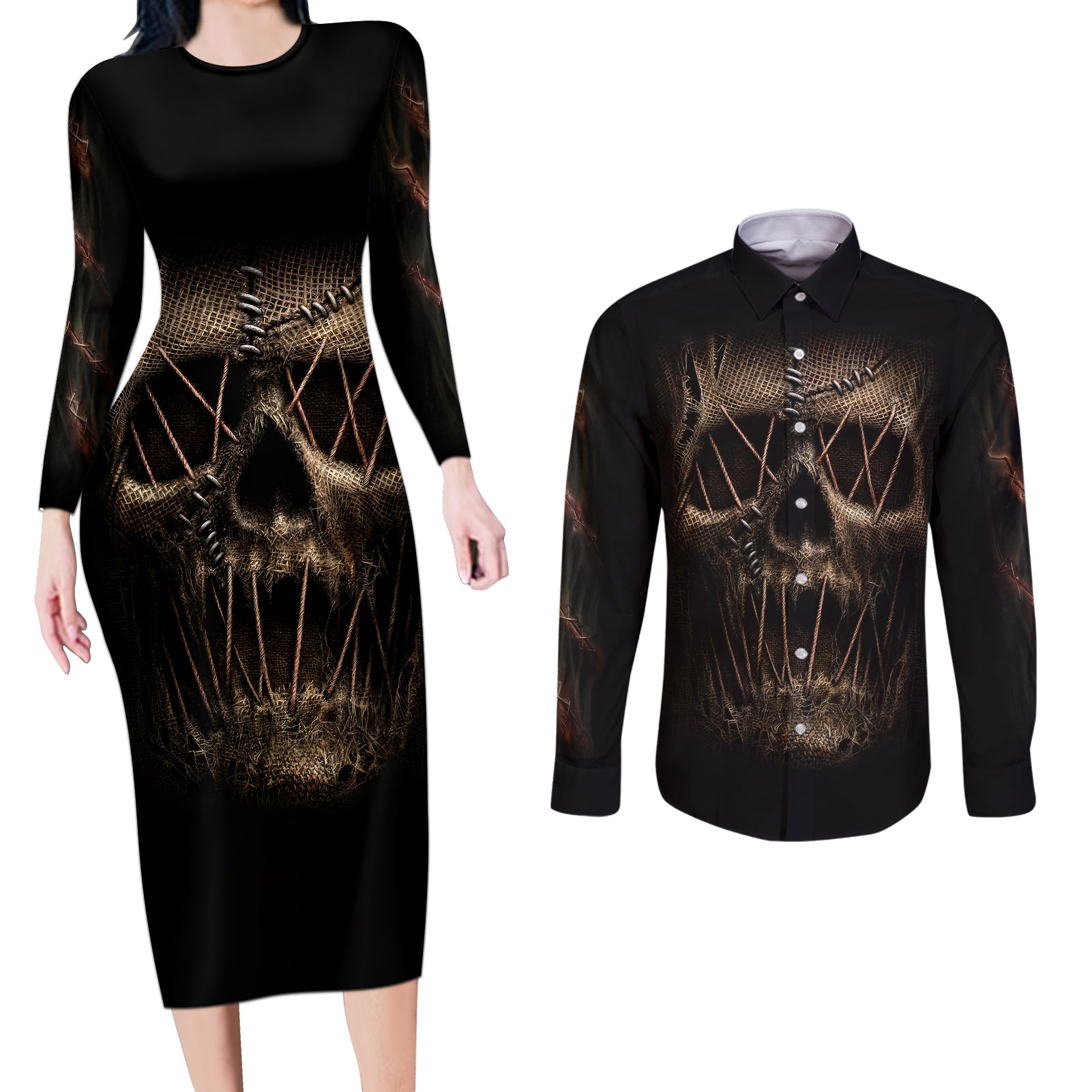 skull-couples-matching-long-sleeve-bodycon-dress-and-long-sleeve-button-shirts-mummy-face-inside