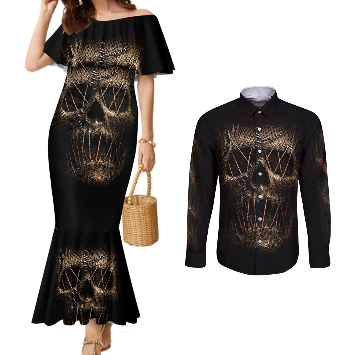 skull-couples-matching-mermaid-dress-and-long-sleeve-button-shirts-mummy-face-inside