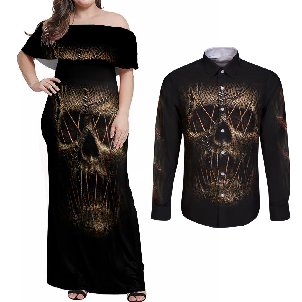 skull-couples-matching-off-shoulder-maxi-dress-and-long-sleeve-button-shirts-mummy-face-inside