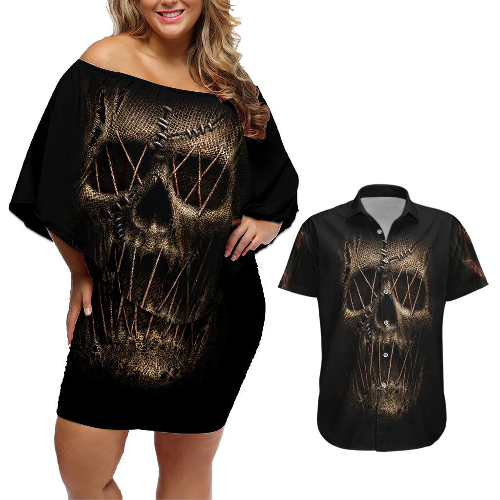 skull-couples-matching-off-shoulder-short-dress-and-hawaiian-shirt-mummy-face-inside