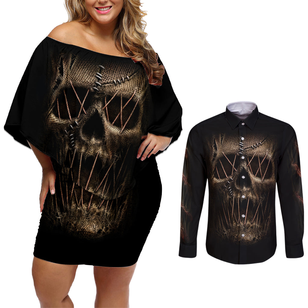 skull-couples-matching-off-shoulder-short-dress-and-long-sleeve-button-shirts-mummy-face-inside