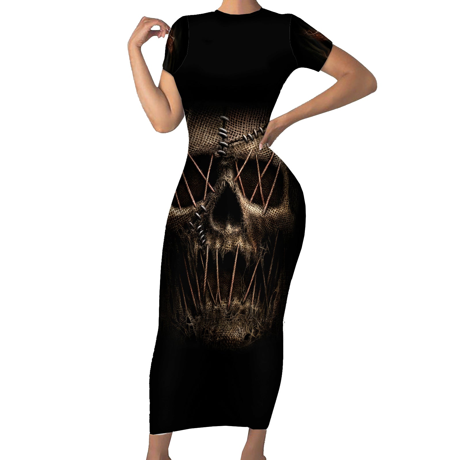 skull-short-sleeve-bodycon-dress-mummy-face-inside