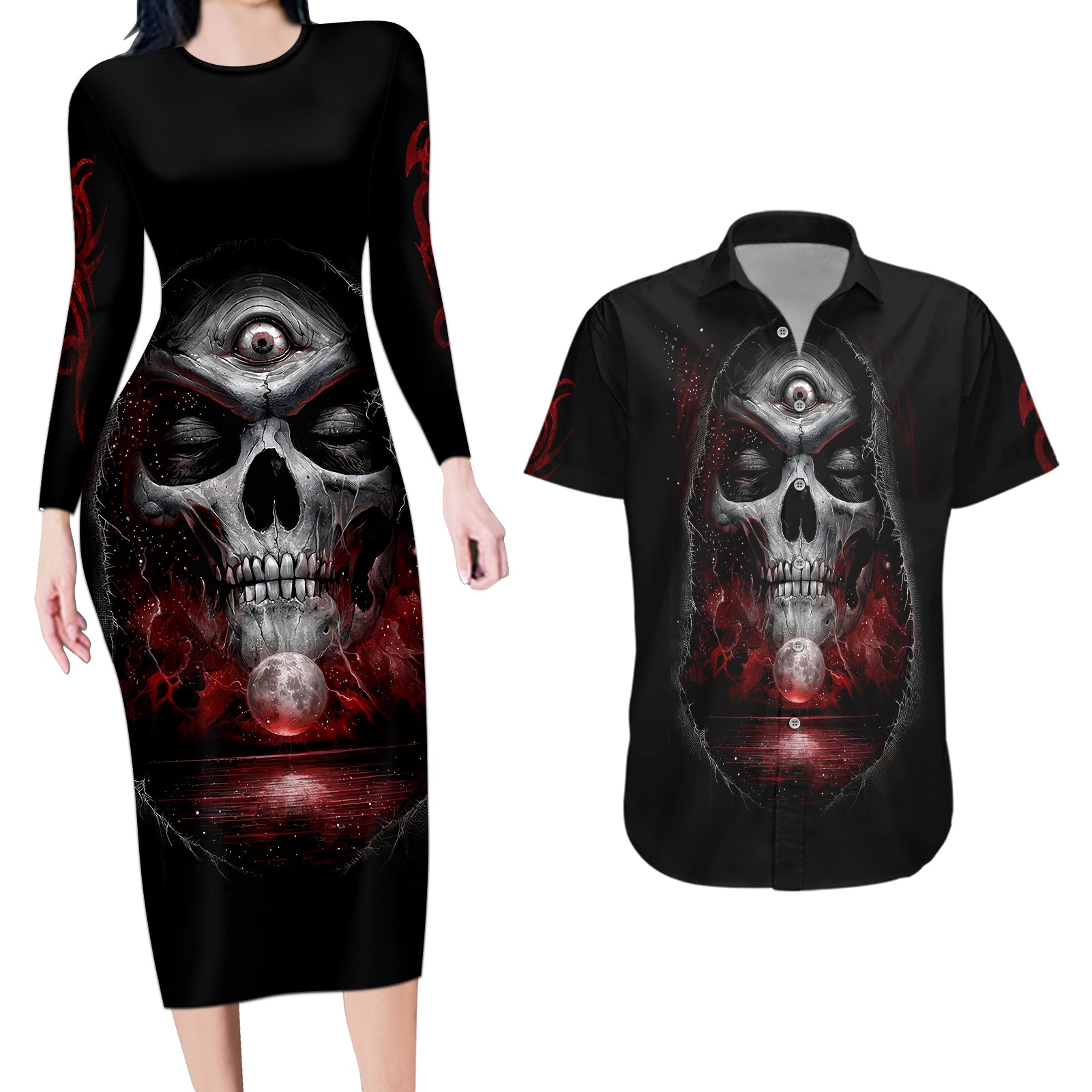 skull-couples-matching-long-sleeve-bodycon-dress-and-hawaiian-shirt-prayer-skull