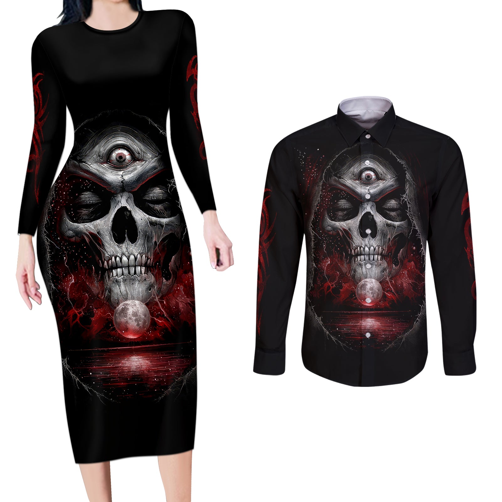 skull-couples-matching-long-sleeve-bodycon-dress-and-long-sleeve-button-shirts-prayer-skull