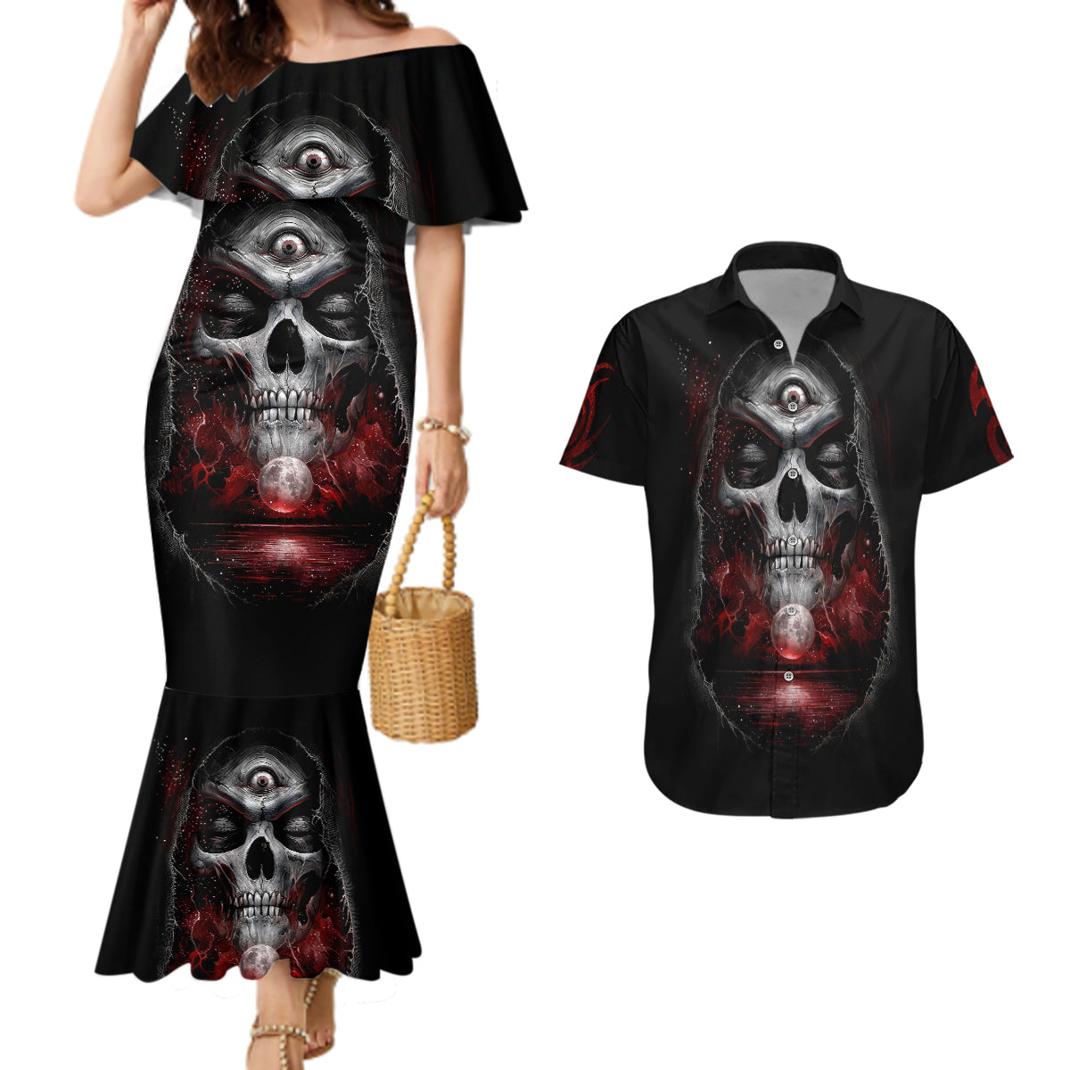 skull-couples-matching-mermaid-dress-and-hawaiian-shirt-prayer-skull