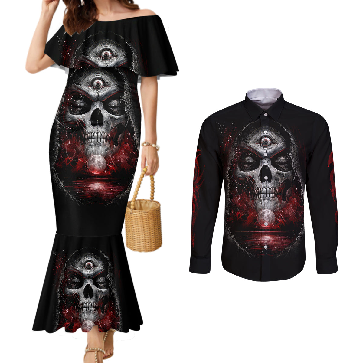 skull-couples-matching-mermaid-dress-and-long-sleeve-button-shirts-prayer-skull