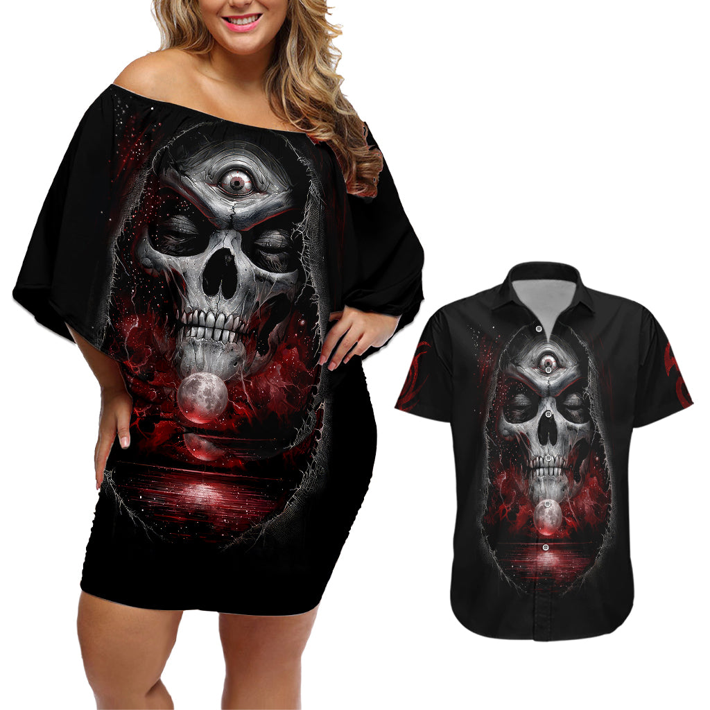 skull-couples-matching-off-shoulder-short-dress-and-hawaiian-shirt-prayer-skull