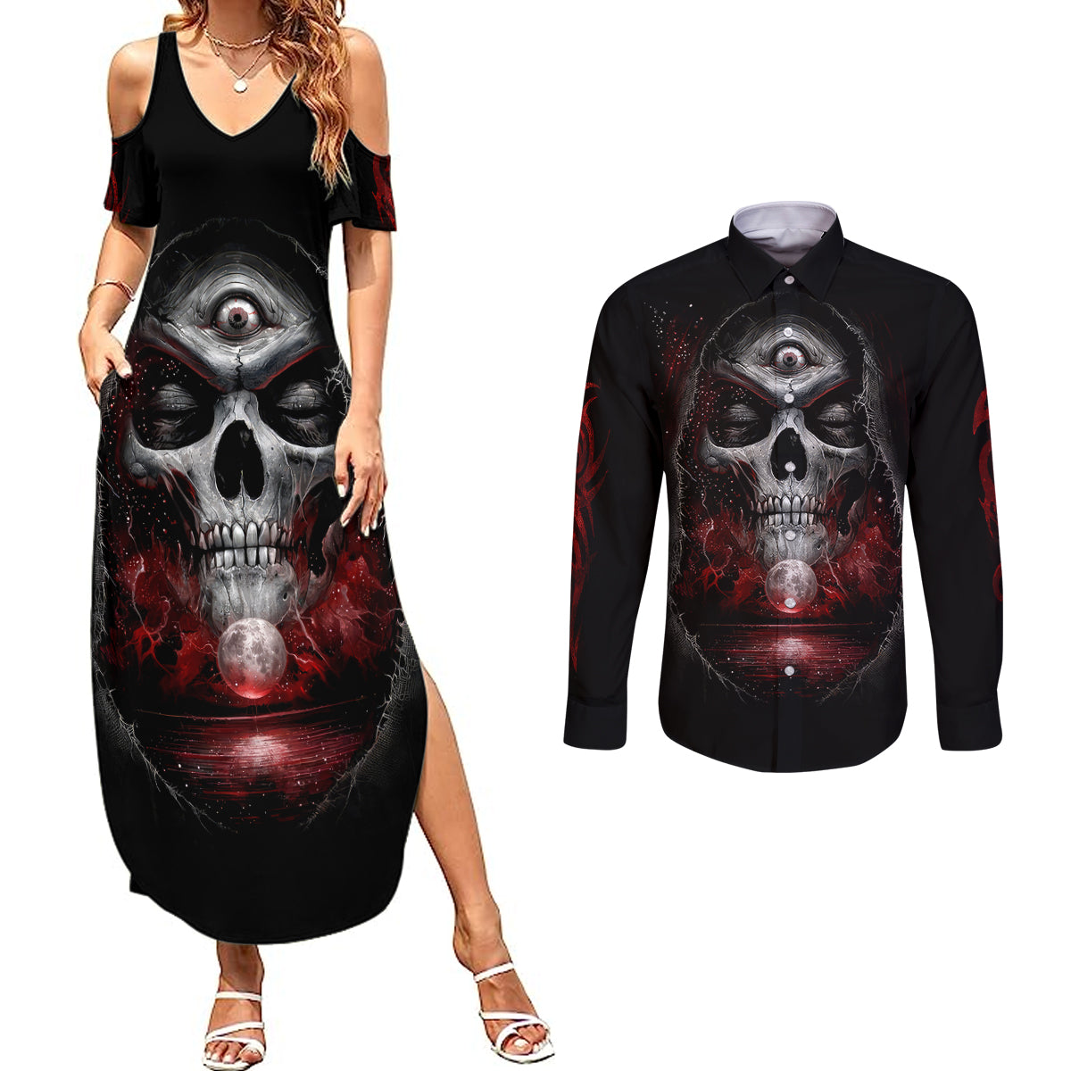 skull-couples-matching-summer-maxi-dress-and-long-sleeve-button-shirts-prayer-skull