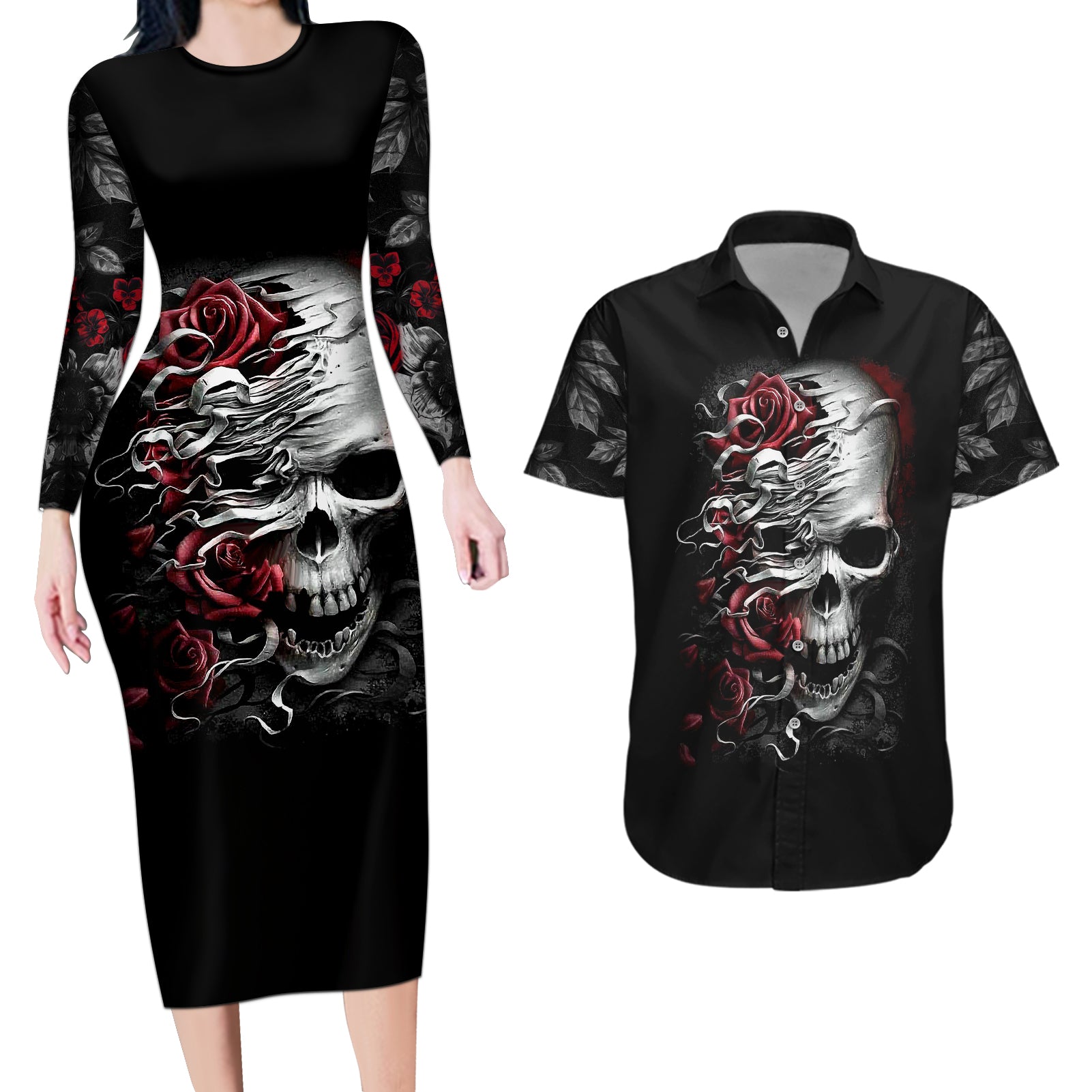 skull-couples-matching-long-sleeve-bodycon-dress-and-hawaiian-shirt-three-skull-no-see-evil-rose