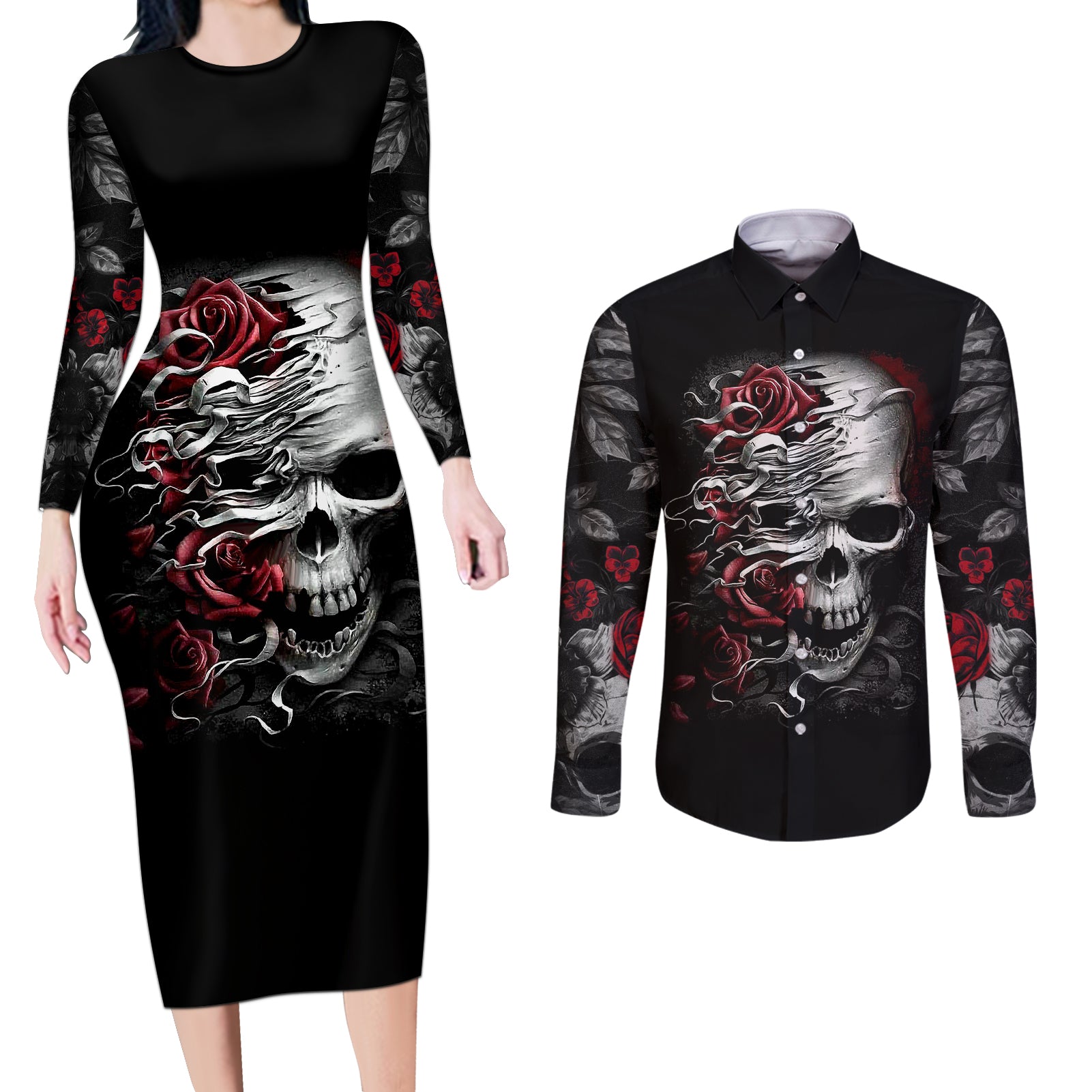 skull-couples-matching-long-sleeve-bodycon-dress-and-long-sleeve-button-shirts-three-skull-no-see-evil-rose