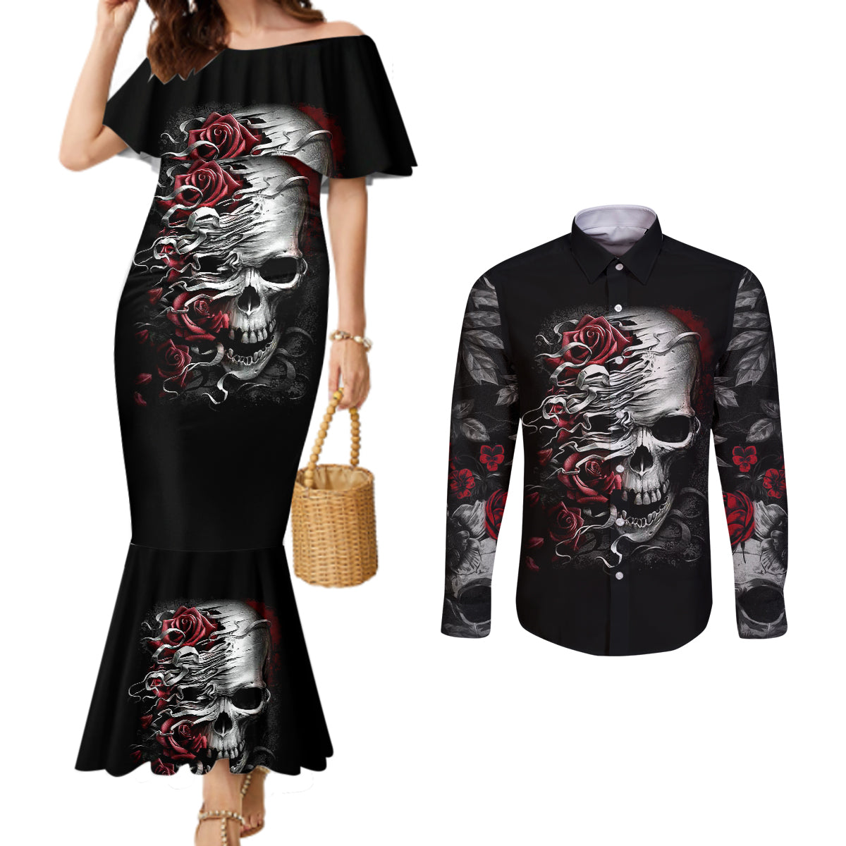 skull-couples-matching-mermaid-dress-and-long-sleeve-button-shirts-three-skull-no-see-evil-rose