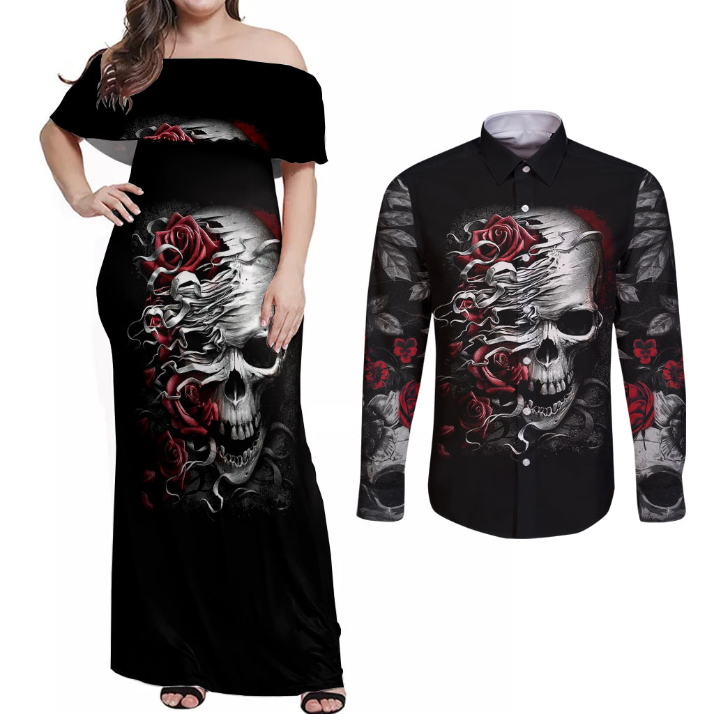 skull-couples-matching-off-shoulder-maxi-dress-and-long-sleeve-button-shirts-three-skull-no-see-evil-rose