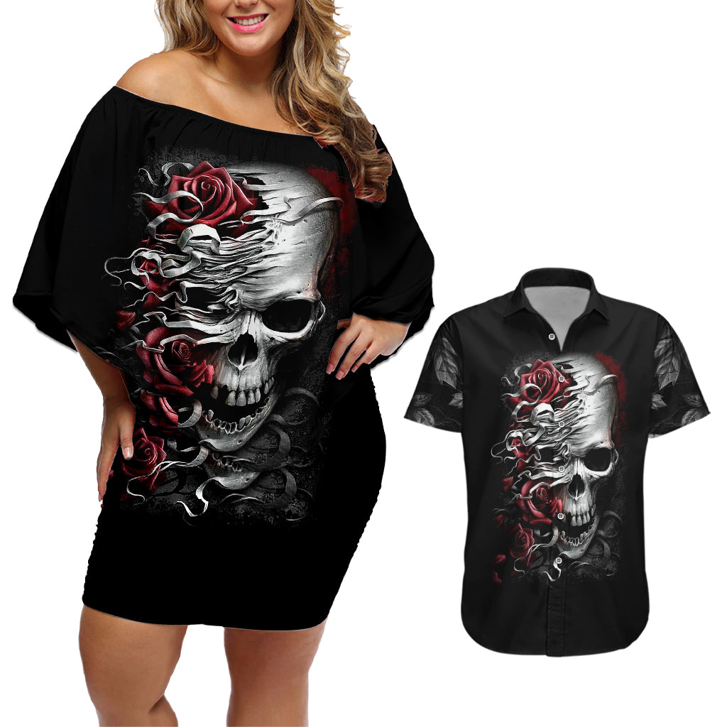 skull-couples-matching-off-shoulder-short-dress-and-hawaiian-shirt-three-skull-no-see-evil-rose